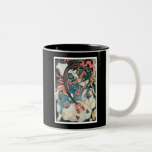 Samurai Killing a Demon, Ancient Japanese Painting Two-Tone Coffee Mug (Right)