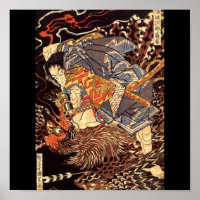 Samurai killing Tengu/bird Painting, c. 1800's