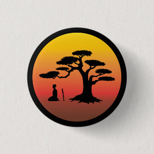 Samurai meditating at sunset under tree - Button