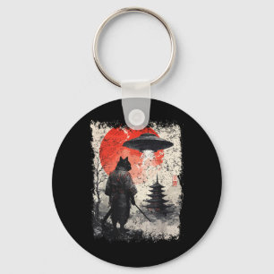 Samurai Ninja Cat Warrior Sumi-e Ufo Ukiyo-e Sci F Keychain