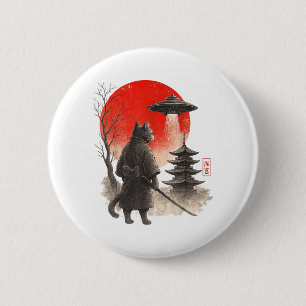 Samurai Ninja Cat Warrior UFO Japanese Anime Funny 2 Inch Round Button