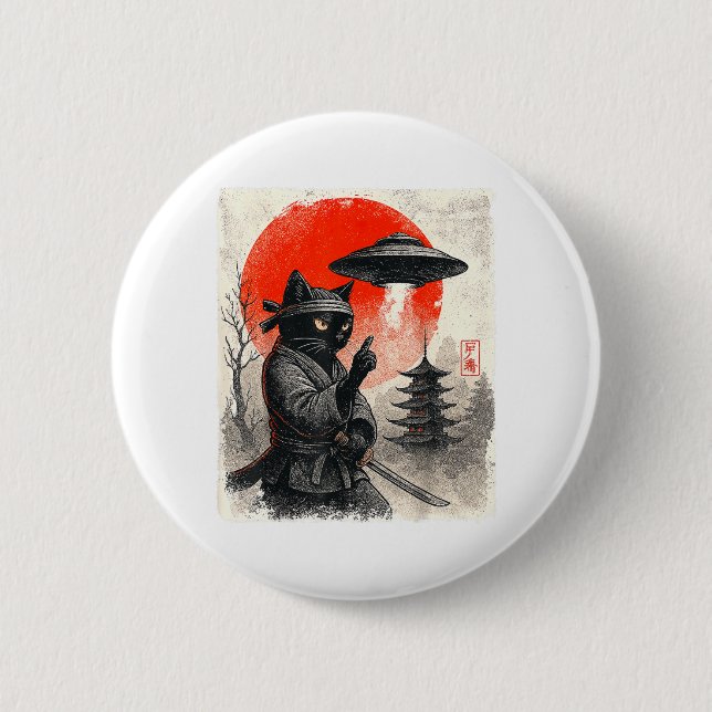 Samurai Ninja Cat Warrior UFO Japanese Anime Funny 2 Inch Round Button (Front)
