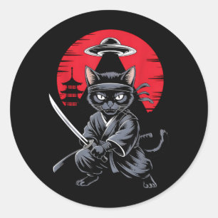 Samurai Ninja Cat Warrior UFO Japanese Anime Funny Classic Round Sticker