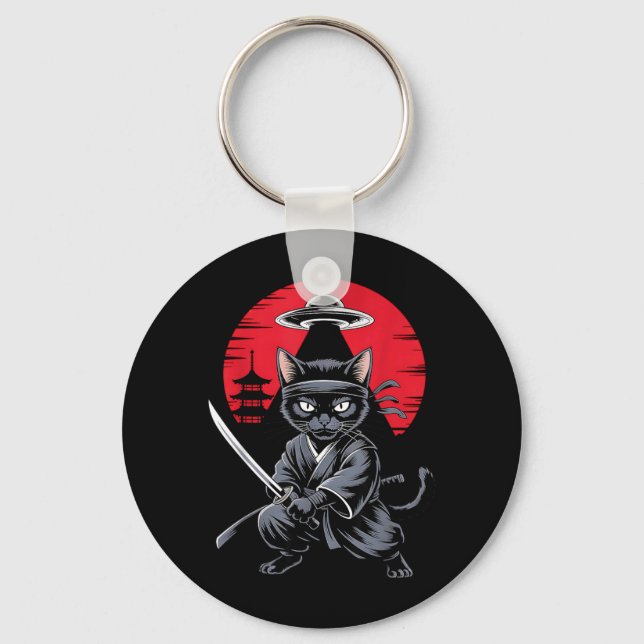 Samurai Ninja Cat Warrior UFO Japanese Anime Funny Keychain (Front)