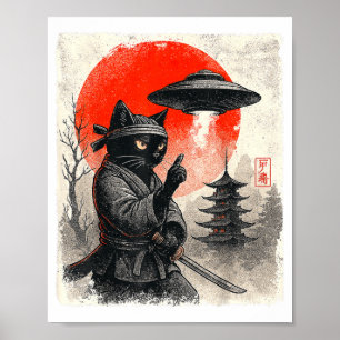 Samurai Ninja Cat Warrior UFO Japanese Anime Funny Poster