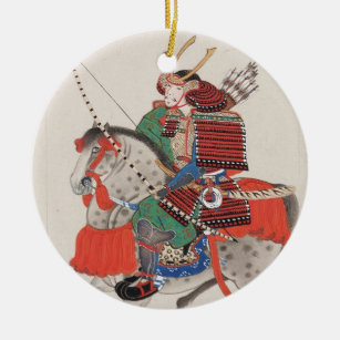 Samurai on Horseback Wearing Armour & Horned Ceramic Ornament