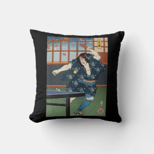 Samurai Play Table Tennis Ping Pong Ukiyoe  Throw Pillow
