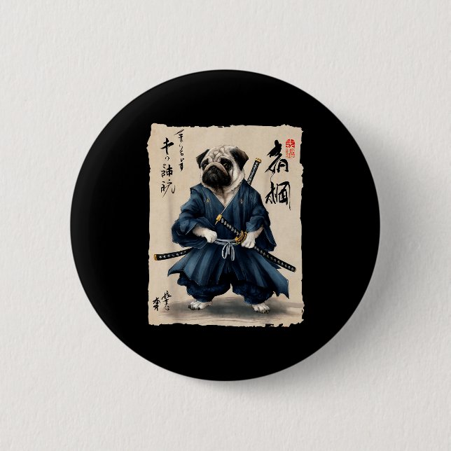 Samurai Pug Japanese Anime Dog Pug Lover Funny For 2 Inch Round Button (Front)