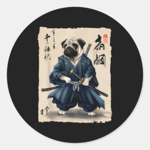 Samurai Pug Japanese Anime Dog Pug Lover Funny For Classic Round Sticker