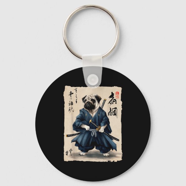 Samurai Pug Japanese Anime Dog Pug Lover Funny For Keychain (Front)