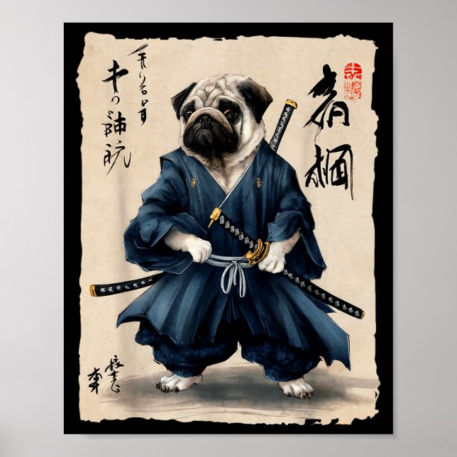 Samurai Pug Japanese Anime Dog Pug Lover Funny For Poster (Front)