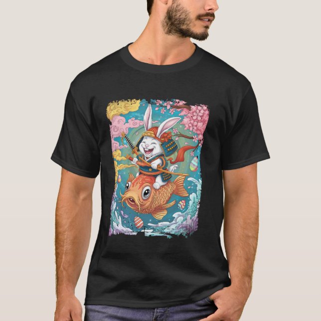 Samurai Rabbit Riding Koi Easter Egg Hunt T-Shirt (Front)