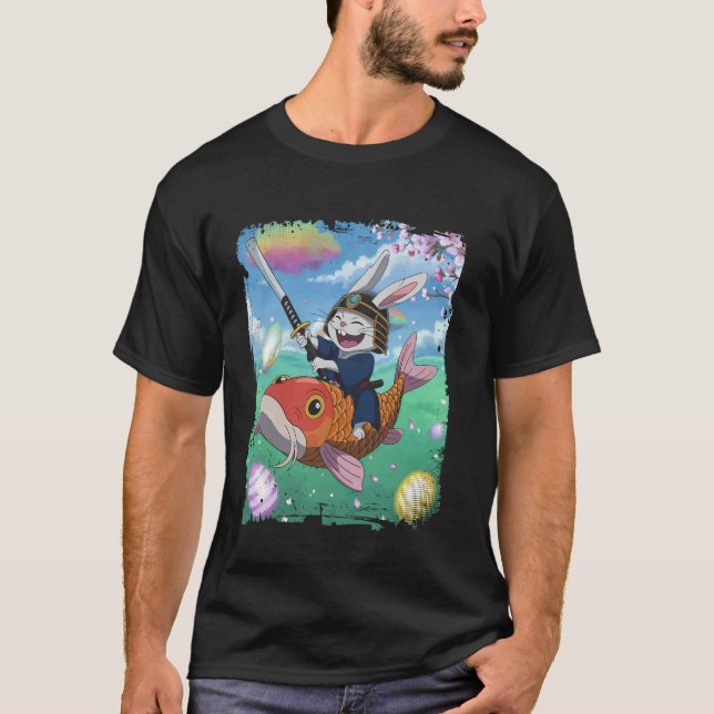 Samurai Rabbit Riding Koi Easter Egg Hunt T-Shirt (Front)