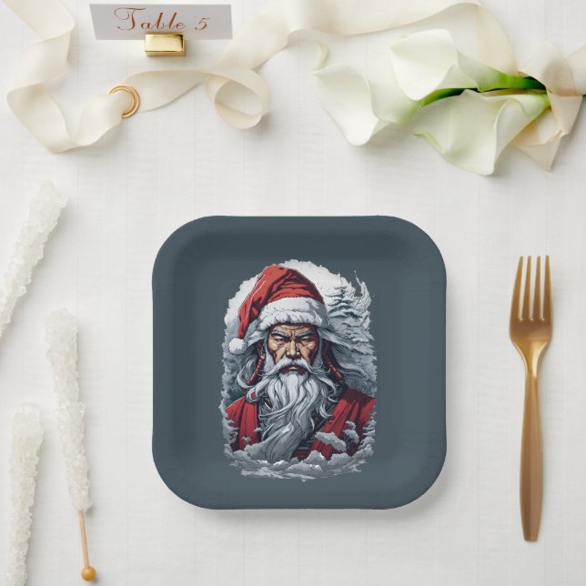 Samurai Santa Warrior Christmas Art Gift  Paper Plate (Wedding)