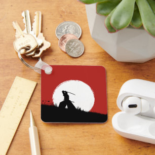 Samurai Silhouette Sun Red Keychain