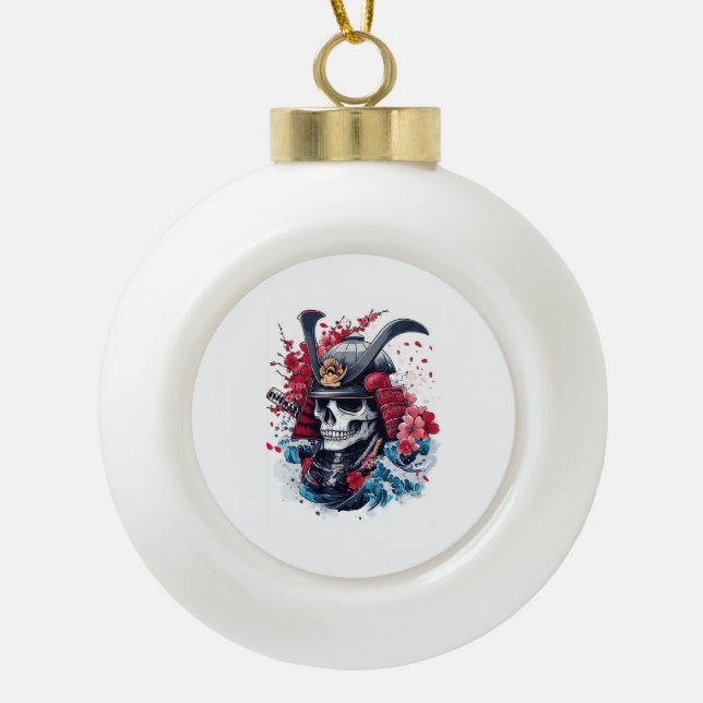 Samurai Skull Warrior Ceramic Ball Christmas Ornament (Front)