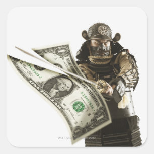 Samurai slicing dollar bill with sword square sticker