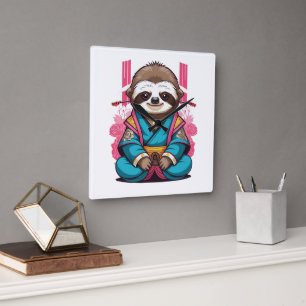 Samurai Sloth Halloween Quirky Ninja Warrior Decor Square Wall Clock