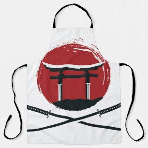 Samurai sword icon with Torii gate cartoon vintage Apron