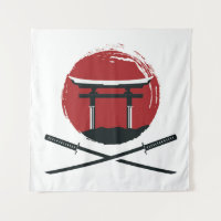 Samurai sword icon with Torii gate cartoon vintage