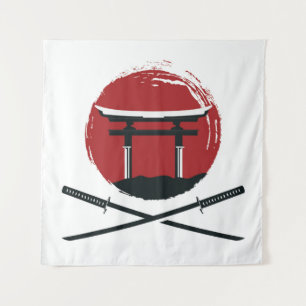 Samurai sword icon with Torii gate cartoon vintage Tapestry