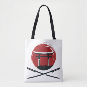 Samurai sword icon with Torii gate cartoon vintage Tote Bag