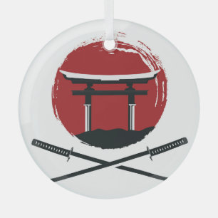 Samurai Sword: Torii Gate Cartoon Glass Ornament