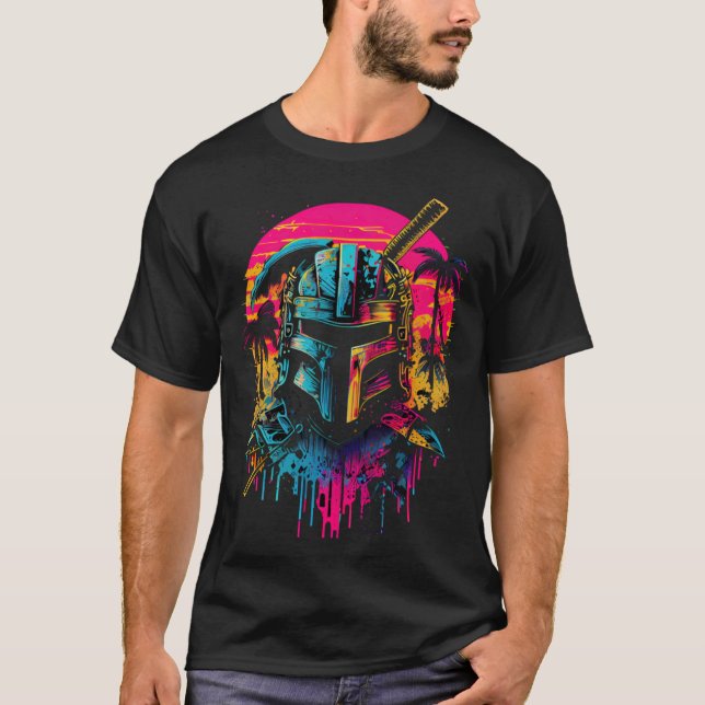 Samurai Synthwave Retrowave Colourful 80s Graphic T-Shirt (Front)