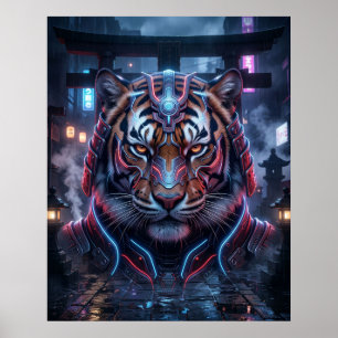 Samurai Tiger Neon Temple Poster