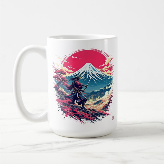 Samurai Warrior at Mount Fuji Japanese Art  Coffee Mug (Left)