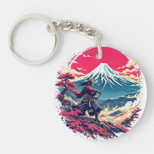 Samurai Warrior at Mount Fuji Japanese Art Keychain