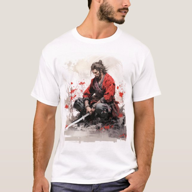 Samurai Warrior Crouching with Sword Drawn T-Shirt (Front)