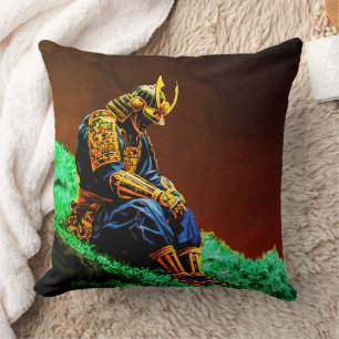 Samurai Warrior in Golden Armour – Epic Japanese Throw Pillow