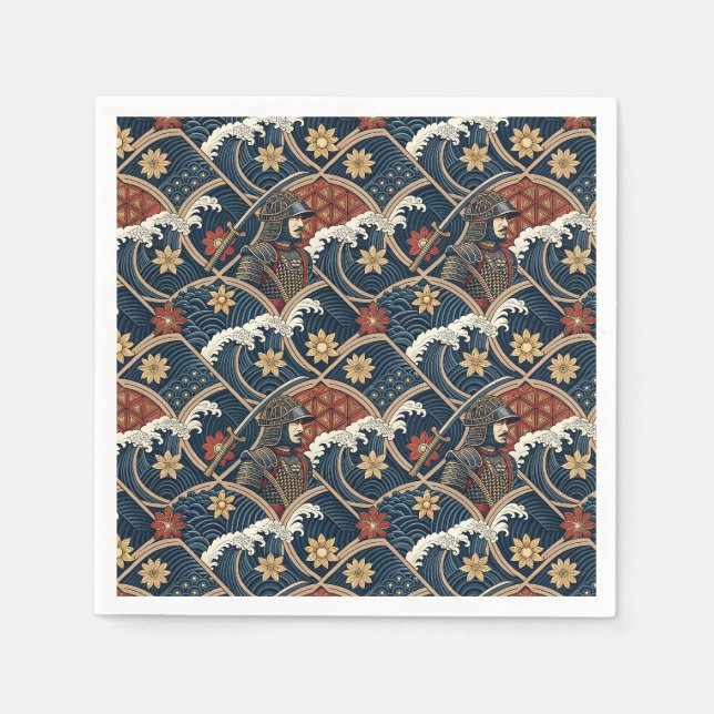 Samurai Warrior & Ocean Wave Japanese Pattern Art Napkin (Front)