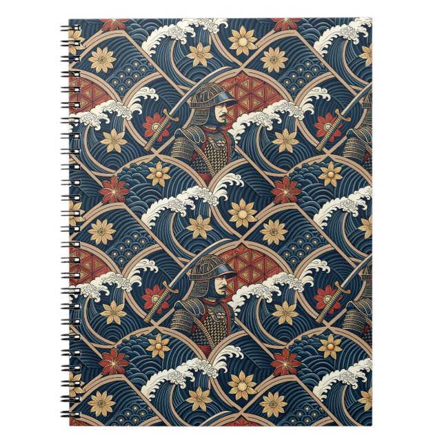Samurai Warrior & Ocean Wave Japanese Pattern Art Notebook (Front)