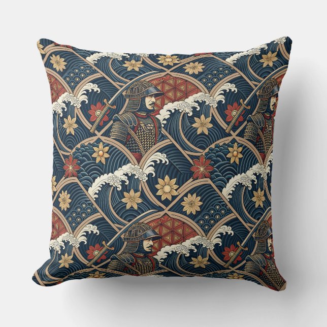Samurai Warrior & Ocean Wave Japanese Pattern Art Throw Pillow (Front)