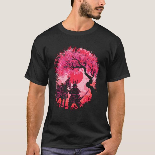 Samurai Warrior Red Moon Cherry Blossom T-Shirt (Front)