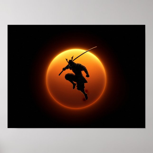Samurai Warrior Silhouette Against Orange Sun Poster (Front)