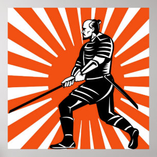 Samurai warrior with katana sword pointing side poster