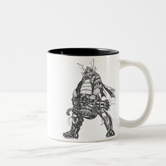 Samurai Warrior With Rapid Fire Gun Two-Tone Coffee Mug (Right)
