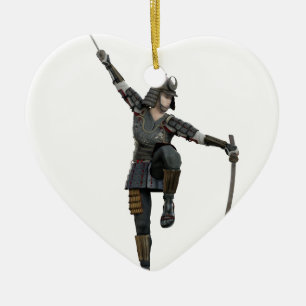 Samurai with 2 swords looking down to the left ceramic ornament