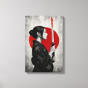Samurai Woman with Katana in Front of Red Sun Canvas Print