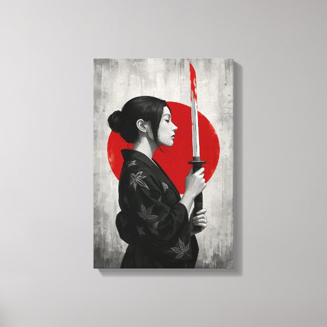 Samurai Woman with Katana in Front of Red Sun Canvas Print (Front)