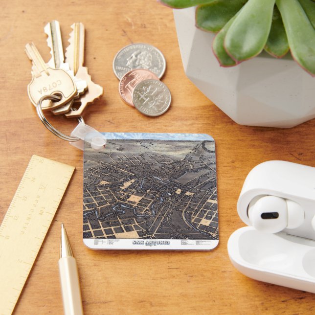 San Antonio, Texas, Antique Aerial City Map, 1873 Keychain (Desk)