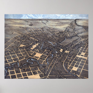 San Antonio, Texas, Antique Aerial City Map, 1873 Poster