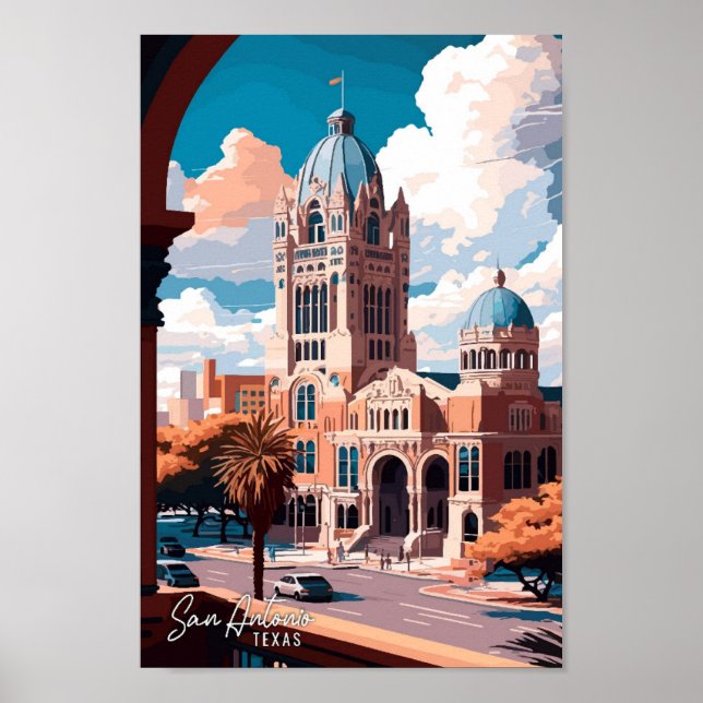 San Antonio Texas Art Vintage Travel Illustration Poster (Front)