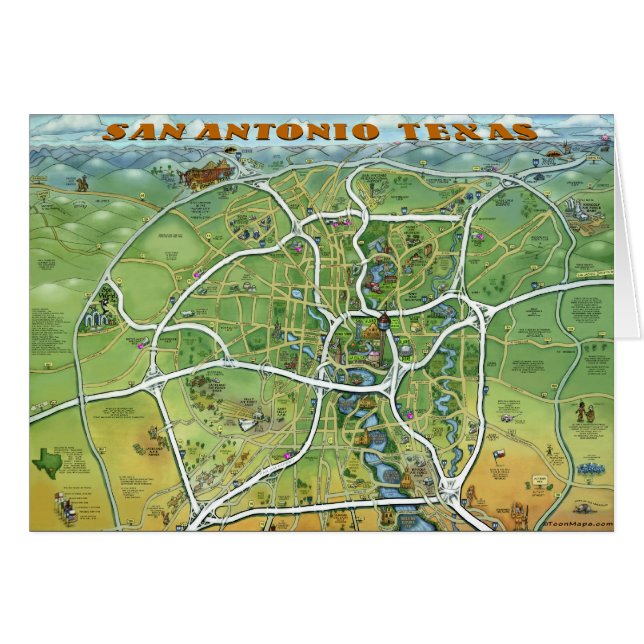 San Antonio Texas Cartoon Map (Front Horizontal)