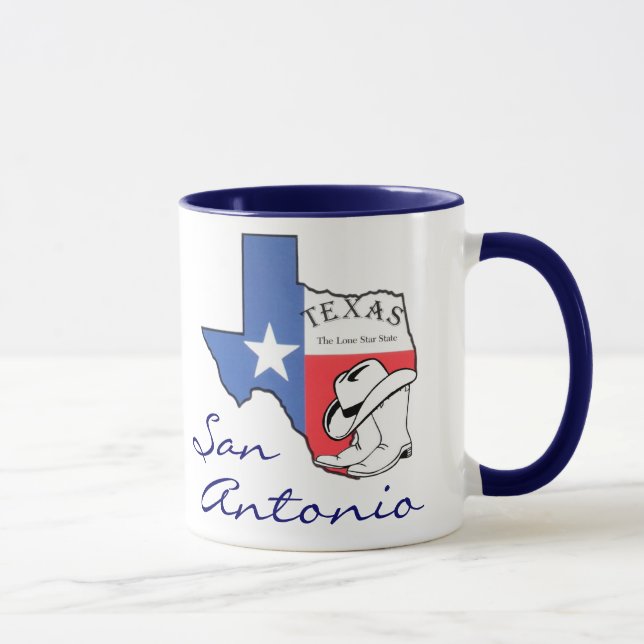 San Antonio Texas State Map, Star, Boots, Hat Mug (Right)