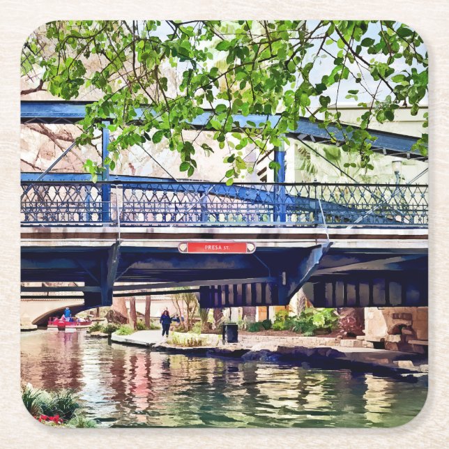 San Antonio TX - Bridge on Paseo Del Rio Square Paper Coaster (Front)