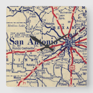 San Antonio Vintage Map Square Wall Clock